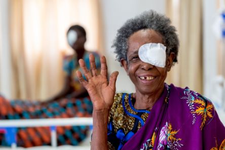 Julienne Mukangwije (female, 81) had bilateral cataracts and underwent surgery. Julienne was currently in the hospital ward shortly after the intervention.