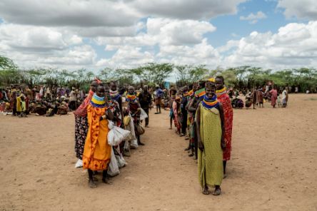 Image of people standing in lines in an open field